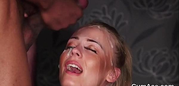  Flirty model gets cum shot on her face gulping all the cum